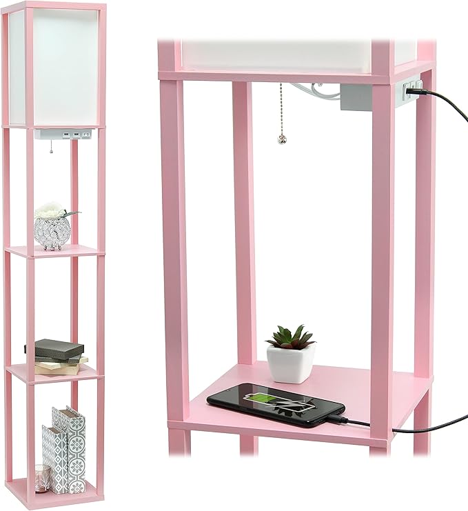 Simple Designs LF1037-LPK-LB Three Shelf Etagere Organizer Storage Floor Lamp with 2 Dual USB Ports and Charging Outlet, Light Pink, with Feit LED Bulb Included - LeafyLoom