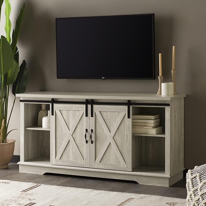 Walker Edison Richmond Modern Farmhouse Sliding Barn Door TV Stand for TVs up to 65 Inches, 58 Inch, Stone Grey - LeafyLoom