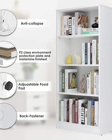 Sunon 4 Shelf Wood Bookcase Freestanding Display Shelf Adjustable Layers Bookshelf for Home Office Library Small Narrow Space (White, 4-Layers) - LeafyLoom