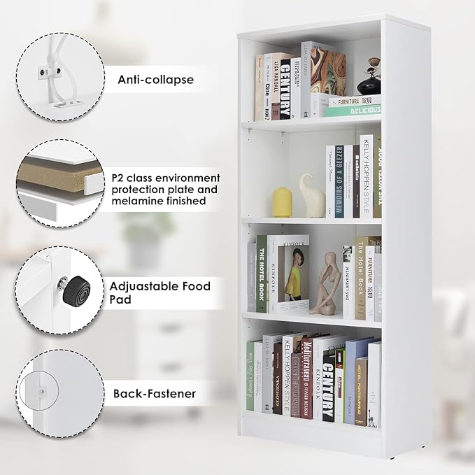 Sunon 4 Shelf Wood Bookcase Freestanding Display Shelf Adjustable Layers Bookshelf for Home Office Library Small Narrow Space (White, 4-Layers) - LeafyLoom