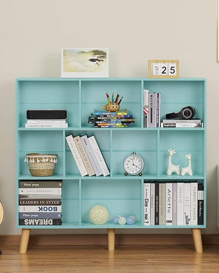 LEYAOYAO 10 Cube Bookshelf,3 Tier Modern Wide Bookcase with Legs,Mid-Century Wood Bookshelves Storage,Mint-Green Large Book Case,Freestanding Organizer Display Shelf for Bedroom,Living Room,Office - LeafyLoom