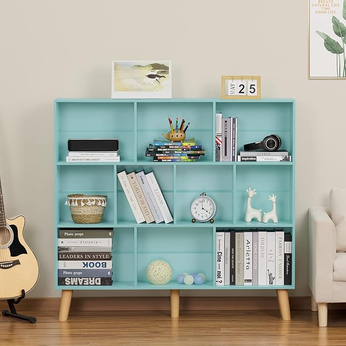 LEYAOYAO 10 Cube Bookshelf,3 Tier Modern Wide Bookcase with Legs,Mid-Century Wood Bookshelves Storage,Mint-Green Large Book Case,Freestanding Organizer Display Shelf for Bedroom,Living Room,Office - LeafyLoom