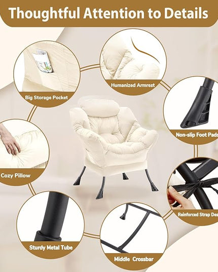 Lazy Chair Thick Padded, Accent Chair Velvet Upholstered with Wide Seat, Stable Metal Frame and Non-Slip Pad, Modern Sofa Armchair with Side Storage Bag for Dorm, Room, Office, Beige - LeafyLoom