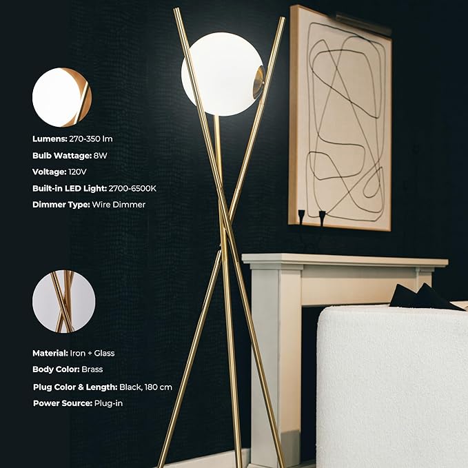 Solstice Glass Globe Floor Lamp - Mid Century Modern Standing Lamp for Living Room, Contemporary Design Standing Dimmable Lamp, Tall Lamp for Bedroom, Living Room, Home Office, Brass Gold - LeafyLoom