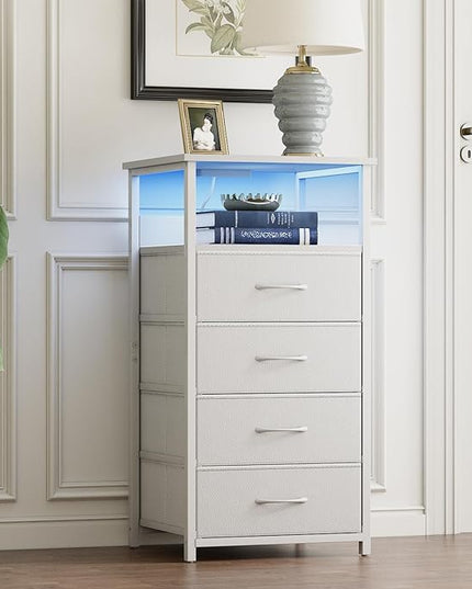 Fixwal Dresser for Bedroom, LED Tall Nightstand with Charging Station Night Stand with USB Ports and Outlets, 4 Fabric Storage Drawers with PU Finish, Bed Side Table, White - LeafyLoom