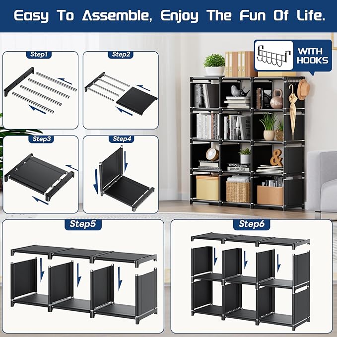 Mavivegue Book Shelf, 12 Cube Storage Organizer, DIY Bookcase, Metal Cube Bookshelf, Cubbies Closet Storage Organizer Shelves for Bedroom,Living Room,Home,Office - LeafyLoom
