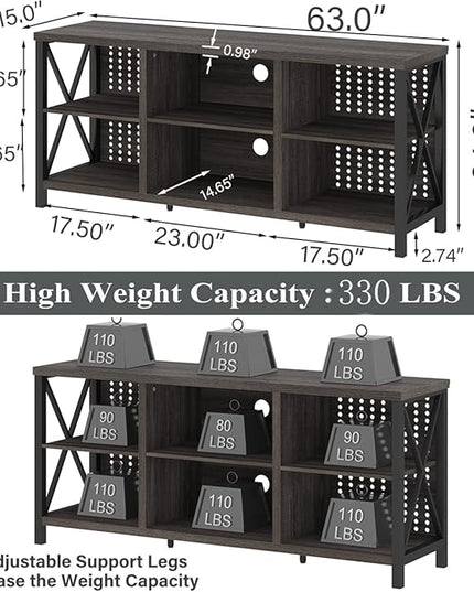 LVB Gray TV Stand for 75 Inch TV, Long Rustic Wood Entertainment Center, Large Farmhouse Media tv console with Storage, Metal Industrial television stands Cabinet for Bedroom, Dark Gray Oak, 63 Inch - LeafyLoom