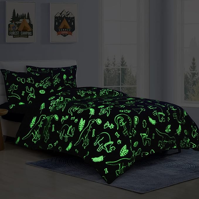 HOMBYS Glow in The Dark Comforter Set 7 Piece Full with Sheets, Blue Dinosaur Velvet Bedding Comforter Sets for Twin Bed, Ultra Soft Down Alternative Comforter for Boys Kids, Bed in a Bag - LeafyLoom