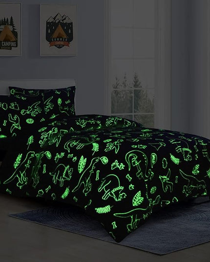 HOMBYS Glow in The Dark Comforter Set 5 Piece Twin/Twin XL with Sheets, Blue Dinosaur Velvet Bedding Comforter Sets for Twin Bed, Ultra Soft Down Alternative Comforter for Boys Kids, Bed in a Bag - LeafyLoom