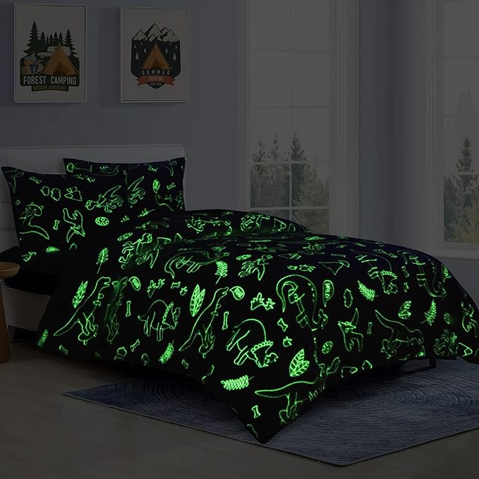 HOMBYS Glow in The Dark Comforter Set 5 Piece Twin/Twin XL with Sheets, Blue Dinosaur Velvet Bedding Comforter Sets for Twin Bed, Ultra Soft Down Alternative Comforter for Boys Kids, Bed in a Bag - LeafyLoom
