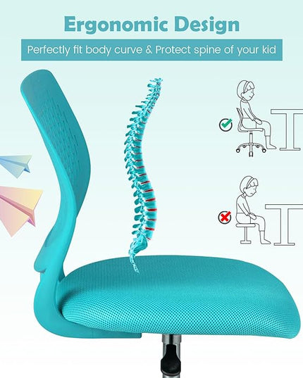 Kids Desk Chair, Ergonomic Kids Office Chair Ages8-12 w/Lumbar Support, Low-Back Teen Desk Chair for Girls Boys, Small Cute Kids Computer Chair for Bedroom/Study/Vanity Desk, Turquoise - LeafyLoom