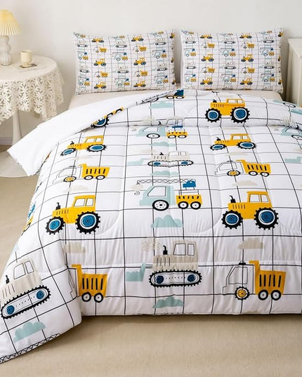 Feelyou Construction Truck Comforter Set Twin Size Kids Machinery Truck Excavators Vehicles Comforter for Boys Teens Cartoon Tractor Bedding Set Excavator Tractor Plaid Grid White Duvet Set Quilt Set - LeafyLoom