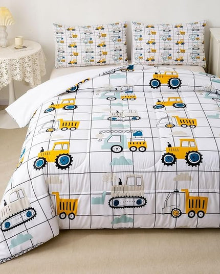 Feelyou Construction Truck Comforter Set King Size Kids Machinery Truck Excavators Vehicles Comforter for Boys Teens Cartoon Tractor Bedding Set Excavator Tractor Plaid Grid White Duvet Set Quilt Set - LeafyLoom
