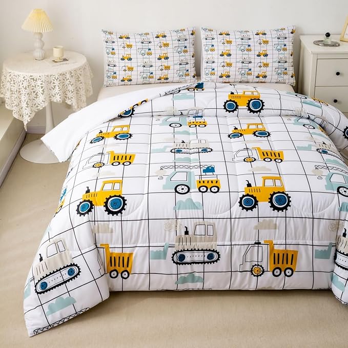 Feelyou Construction Truck Comforter Set King Size Kids Machinery Truck Excavators Vehicles Comforter for Boys Teens Cartoon Tractor Bedding Set Excavator Tractor Plaid Grid White Duvet Set Quilt Set - LeafyLoom