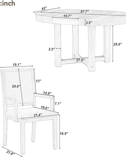 Kitchen 5-Piece Set, Two-Size Round to Oval Extendable Butterfly Leaf Table and 4 Upholstered Dining Chairs with Armrests, Natural Wood Wash - LeafyLoom