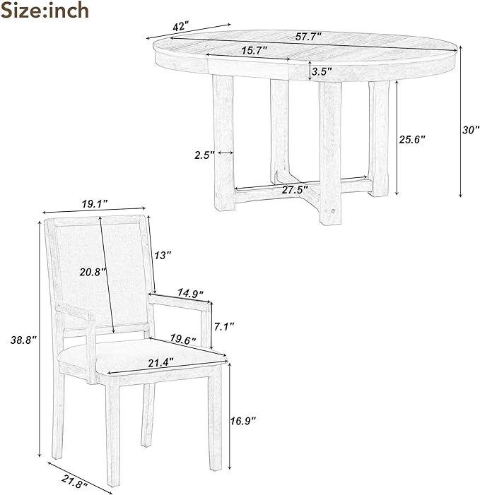 Kitchen 5-Piece Set, Two-Size Round to Oval Extendable Butterfly Leaf Table and 4 Upholstered Dining Chairs with Armrests, Natural Wood Wash - LeafyLoom