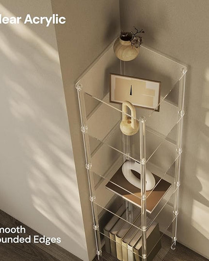 6 Tier Square Acrylic Bookshelf, Small Bookcase with Acrylic Fittings for Fixing to Wall, Corner Display Shelf for Living Room, Bedroom, Bathroom, Small Spaces, Clear, 11.6'' W x 53.9'' H - LeafyLoom