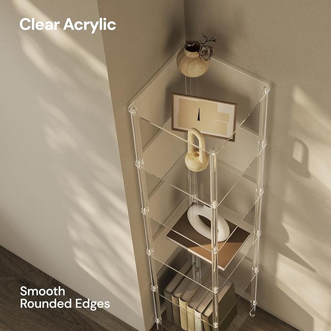 6 Tier Square Acrylic Bookshelf, Small Bookcase with Acrylic Fittings for Fixing to Wall, Corner Display Shelf for Living Room, Bedroom, Bathroom, Small Spaces, Clear, 11.6'' W x 53.9'' H - LeafyLoom