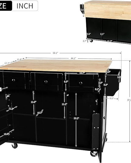 Kitchen Cart with Rubber Wood Drop-Leaf Countertop, Kitchen Island On 5 Wheels with Storage Cabinet, 3 Drawers and Internal Storage Racks, Rolling Mobile Portable Serving Carts (Black) - LeafyLoom