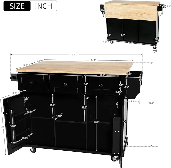 Kitchen Cart with Rubber Wood Drop-Leaf Countertop, Kitchen Island On 5 Wheels with Storage Cabinet, 3 Drawers and Internal Storage Racks, Rolling Mobile Portable Serving Carts (Black) - LeafyLoom