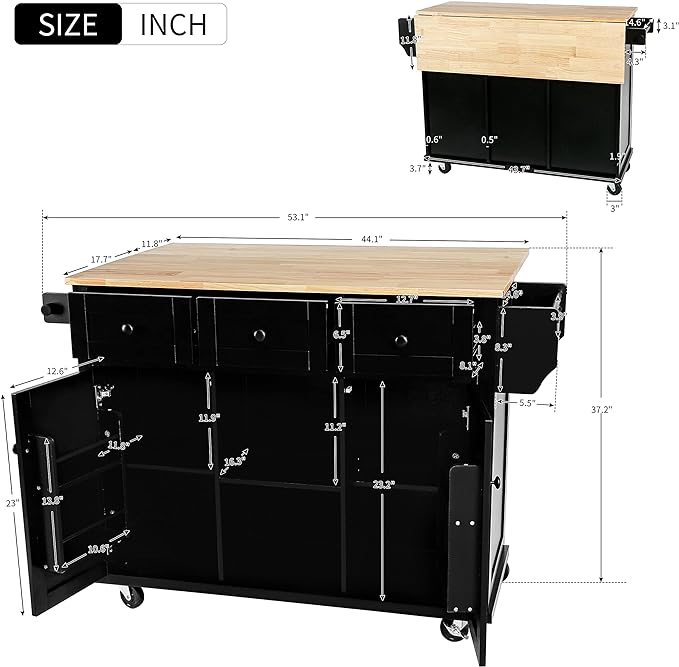 Kitchen Cart with Rubber Wood Drop-Leaf Countertop, Cabinet Door Internal Storage Racks, Kitchen Island on 5 Wheels with Storage Cabinet and 3 Drawers for Dinning Room, Black - LeafyLoom