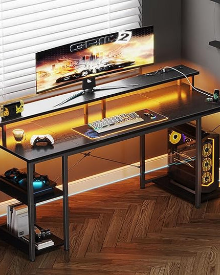 ODK 63 inch Computer Desk with Power Outlets & LED Lights, Gaming Desk with Monitor Stand & Storage Sheves, Home Office Desk, Black - LeafyLoom