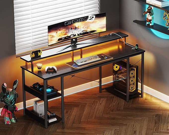 ODK 63 inch Computer Desk with Power Outlets & LED Lights, Gaming Desk with Monitor Stand & Storage Sheves, Home Office Desk, Black - LeafyLoom