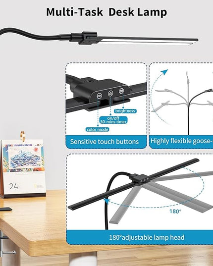 KableRika Desk lamp,Double Head LED Desk Lamp with Clamp,Architect Desk Lights for Home Office,Eye-Caring Desktop Office Lamp 4-brightness 4-Color Table Lamp for Monitor Workbench Study Reading - LeafyLoom