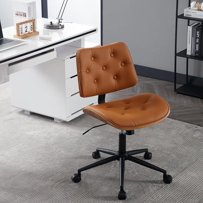 Armless Home Office Chair Modern Walnut Chair with Wheels Mid Back Swivel Computer Chair No arm Adjustable Height Leather Desk Chair for Reading,Meeting Room (Orange) - LeafyLoom