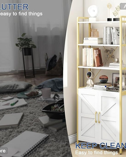 Bookshelf and Bookcases with Doors White 6 Shelf Display Storage Shelves Tall Bookshelf Versatile Storage Cabinet Home Decor Furniture Organizer for Home Office, Study, Living Room - LeafyLoom