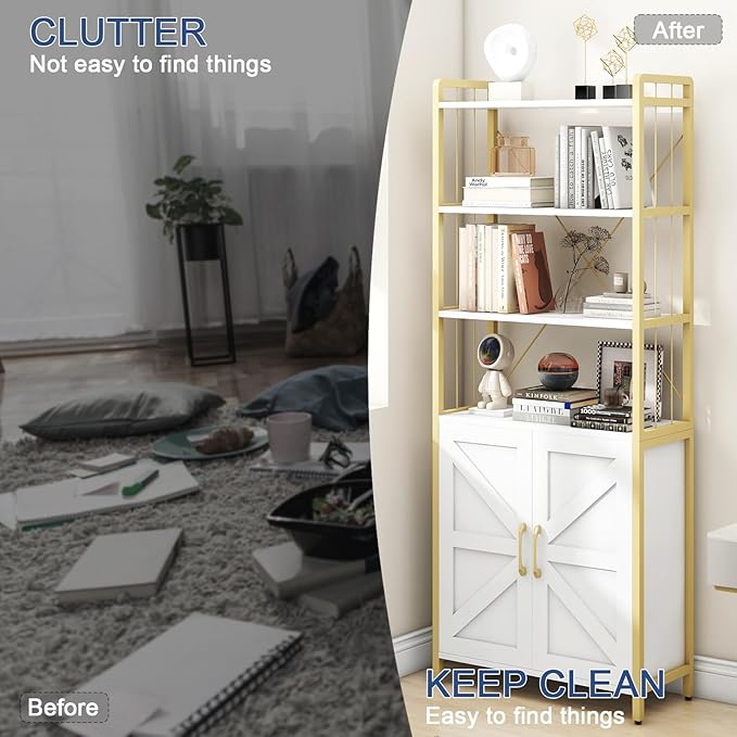 Bookshelf and Bookcases with Doors White 6 Shelf Display Storage Shelves Tall Bookshelf Versatile Storage Cabinet Home Decor Furniture Organizer for Home Office, Study, Living Room - LeafyLoom