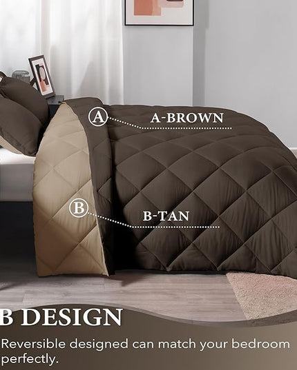 downluxe Queen Comforter Set - Brown and Tan Queen Comforter, Soft Bedding Sets for All Seasons -3 Pieces - 1 Comforter (88"x92") and 2 Pillow Shams(20"x26") - LeafyLoom