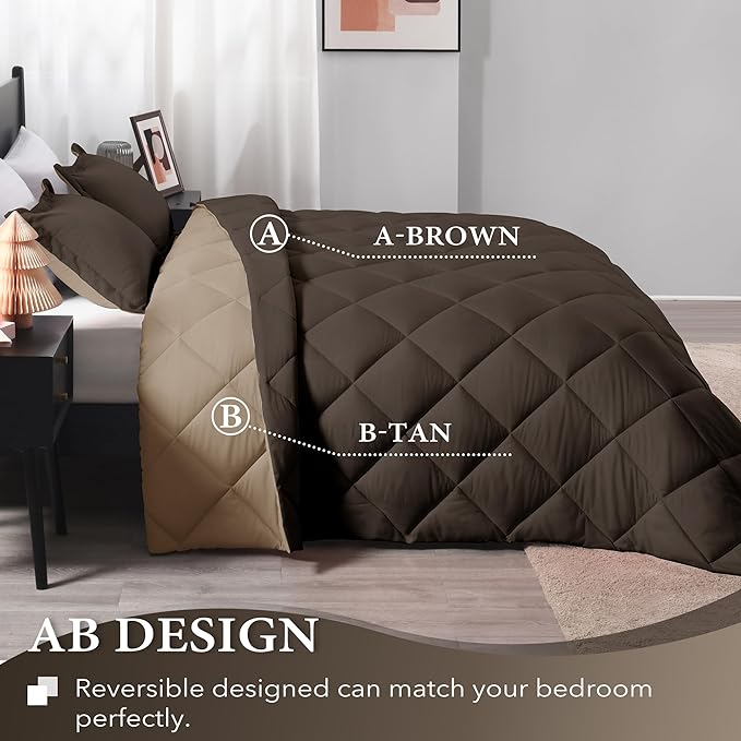 downluxe Queen Comforter Set - Brown and Tan Queen Comforter, Soft Bedding Sets for All Seasons -3 Pieces - 1 Comforter (88"x92") and 2 Pillow Shams(20"x26") - LeafyLoom