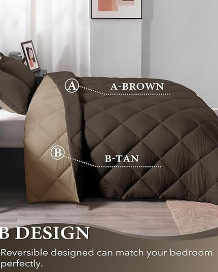 downluxe King Size Comforter Set - Brown and Tan King Comforter, Soft Bedding Sets for All Seasons -3 Pieces - 1 Comforter (104"x92") and 2 Pillow Shams(20"x36") - LeafyLoom
