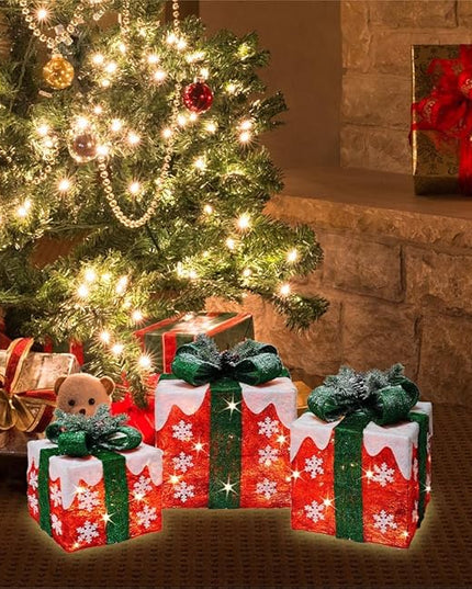 [Ultra-Large 16"x14"x11.5" Christmas Set of 3 Lighted Gift Boxes Decorations Pre-lit 91 Super-Bright LED with Flashers,for Indoor Outdoor Pathway Holiday Party Home(Warm White) GLOWNOVA
