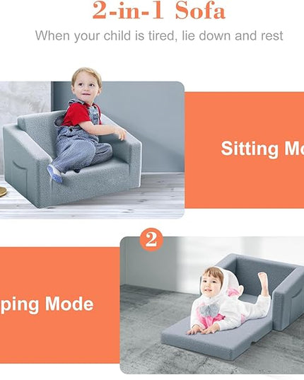 Kids Couch,2-in-1 Toddler Chairs for Boys,Kids Sofa with Storage,Comfortable Kids Sofa Bed,Fun Kids Lounge Chair,Toddler Furniture,Kids Playroom,Children'S Gifts (Grey) - LeafyLoom