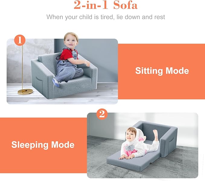 Kids Couch,2-in-1 Toddler Chairs for Boys,Kids Sofa with Storage,Comfortable Kids Sofa Bed,Fun Kids Lounge Chair,Toddler Furniture,Kids Playroom,Children'S Gifts (Grey) - LeafyLoom