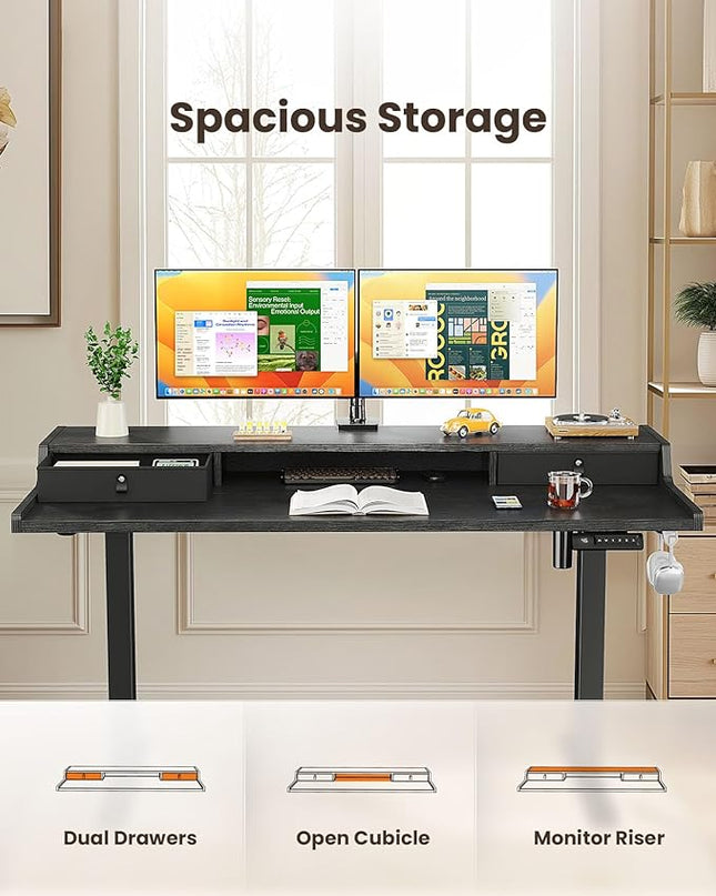 ErGear Electric Standing Desk with Drawers, 55″ x 28″ Gaming Desk with Monitor Stand, C-Clamp Mount Compatible, Home Office Height-Adjustable Desk with Storage Shelf, 4 Preset Heights, Black, EGESD37B - LeafyLoom