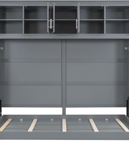 Merax Modern Murphy Cabinet Bed with Top Cabinets, Solid Wood Wall Platform Bed/No Box Spring Needed/Easy Assemble Full,Gray - LeafyLoom