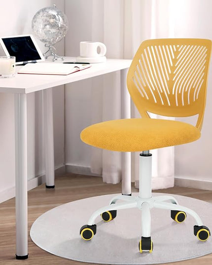 FurnitureR Kids Desk Chair, Small Adjustable Swivel Computer Task Chair with Plastic Backrest and Padded Seat Cushion, Fabric Armless Cute Rolling Child Office Chairs Study Chair, Yellow - LeafyLoom
