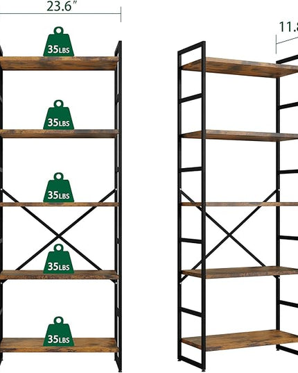 Shintenchi 2 Pieces 5 Tiers Bookshelf, Classically Tall Bookcase Shelf, Industrial Book Rack, Modern Book Holder in Bedroom/Living Room/Home/Office, Storage Rack Shelves for Books/movies-Rustic Brown - LeafyLoom