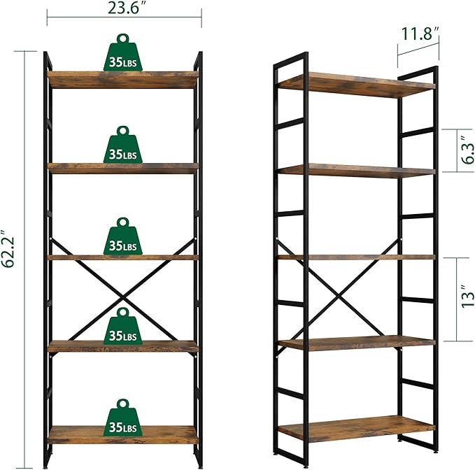 Shintenchi 2 Pieces 5 Tiers Bookshelf, Classically Tall Bookcase Shelf, Industrial Book Rack, Modern Book Holder in Bedroom/Living Room/Home/Office, Storage Rack Shelves for Books/movies-Rustic Brown - LeafyLoom