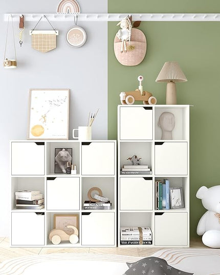 9-Cube Storage Shelf Bookcase - Wooden 3-Tier Floor Standing Open Bookshelf with Doors for Home and Office, Display Cabinet, Warm White - LeafyLoom