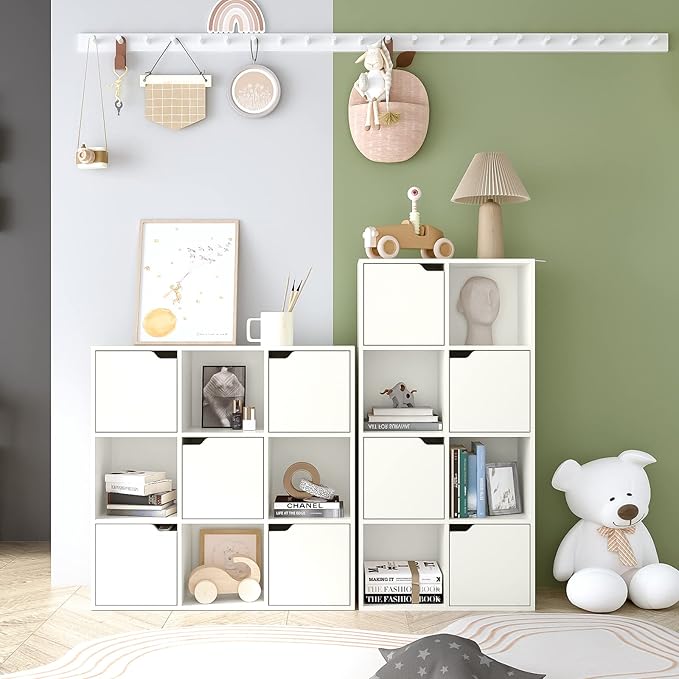 9-Cube Storage Shelf Bookcase - Wooden 3-Tier Floor Standing Open Bookshelf with Doors for Home and Office, Display Cabinet, Warm White - LeafyLoom