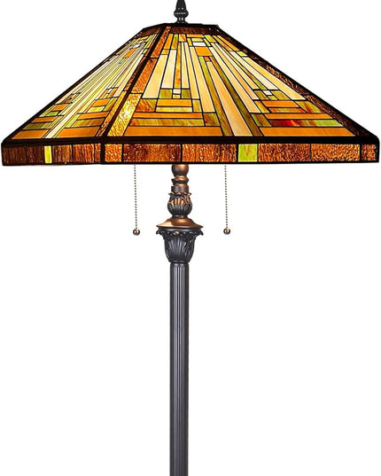 Capulina Tiffany Floor Lamp 2-Light 16X16X63 Inches Amber Brown Mission Antique Style Stained Glass Standing Reading Light for Living Room Bedroom Home Office - LeafyLoom