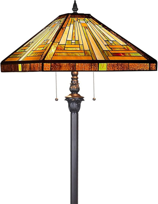 Capulina Tiffany Floor Lamp 2-Light 16X16X63 Inches Amber Brown Mission Antique Style Stained Glass Standing Reading Light for Living Room Bedroom Home Office - LeafyLoom