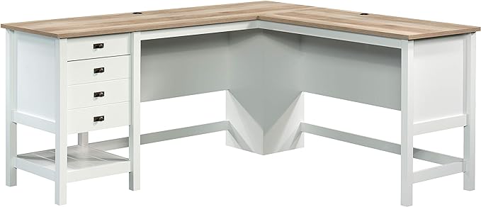 Sauder Cottage Road L-Desk, L: 65.12" x W: 58.66" x H: 29.76", Soft White Finish - LeafyLoom