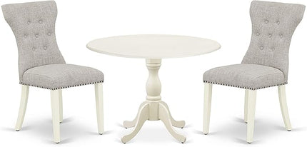 East West Furniture DMGA3-LWH-35 3 Piece Dinette Set for Small Spaces Contains a Round Dining Table with Dropleaf and 2 Doeskin Linen Fabric Parsons Dining Chairs, 42x42 Inch, Linen White - LeafyLoom
