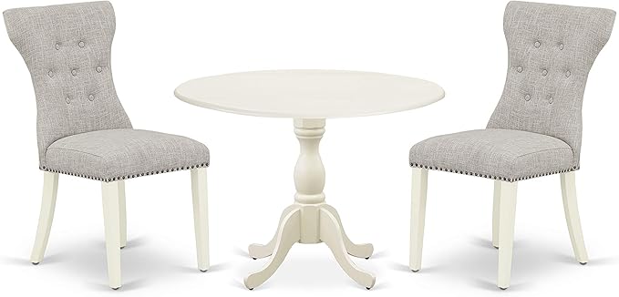 East West Furniture DMGA3-LWH-35 3 Piece Dinette Set for Small Spaces Contains a Round Dining Table with Dropleaf and 2 Doeskin Linen Fabric Parsons Dining Chairs, 42x42 Inch, Linen White - LeafyLoom