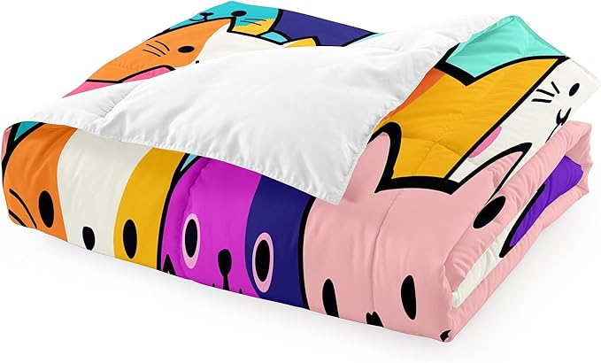 Cat Comforter Set Twin - Twin Size Comforter Set for Girls Cat Kids Cute Cat Bedding Twin Colorful Cartoon Cat Theme Bedding Sets, 1 Comforter+1 Pillowcase - LeafyLoom